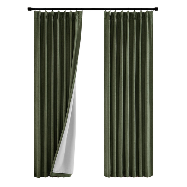 2-Panels 40" x 84" Olive Green Pinch Pleated Blackout Linen Curtains