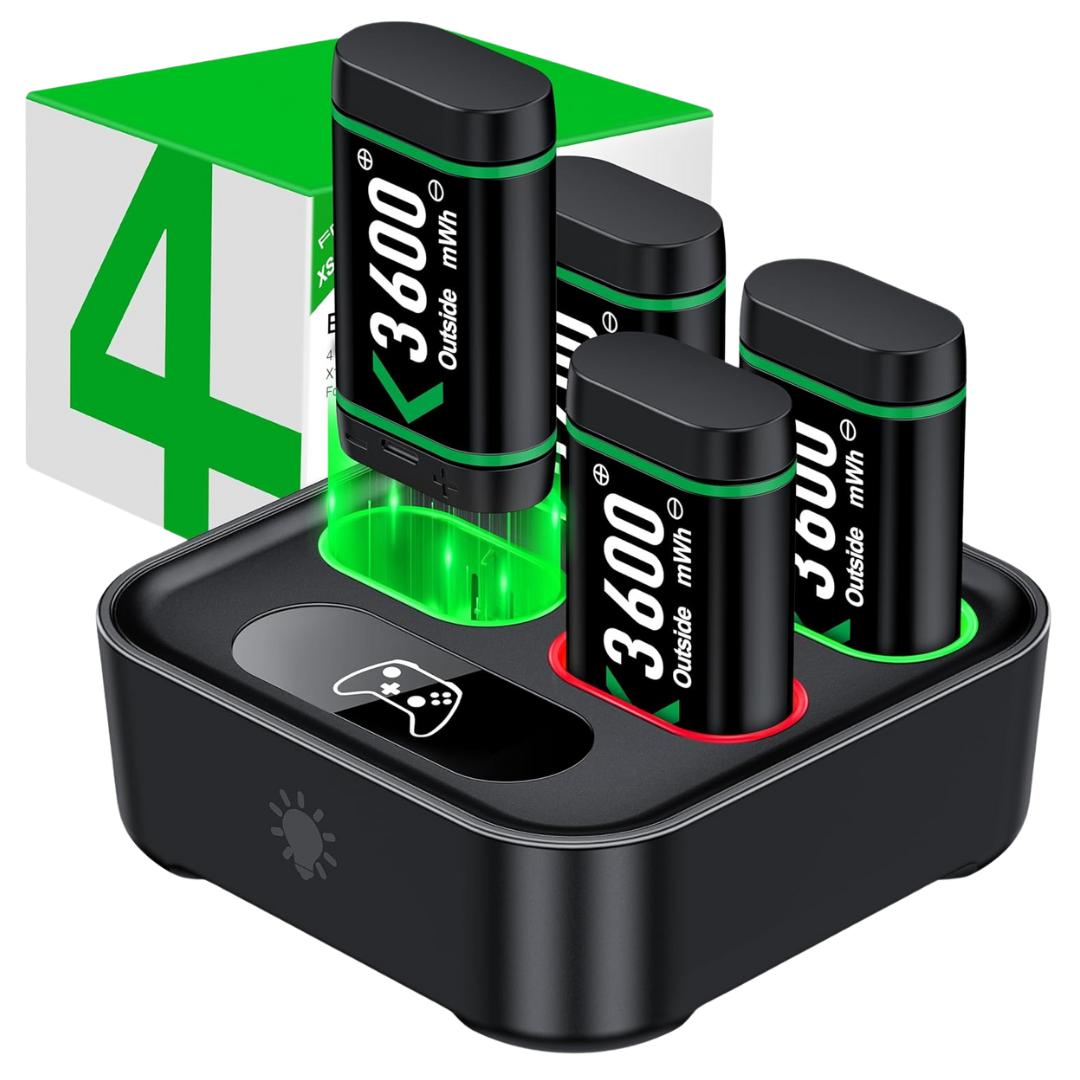 4-Pack Dinostrike 3600mWh Rechargeable Xbox Controller Batteries & Charging Station