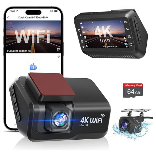 4k+1080P WiFi Front and Rear Camera Dash Cam with Free 64GB Card