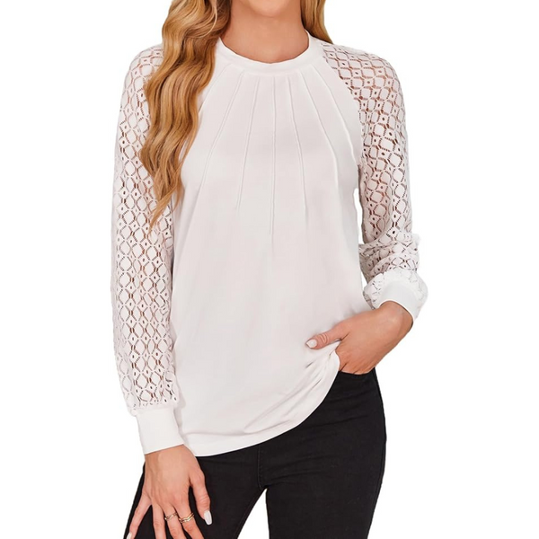 Women's Dressy Pleated Lace Long Sleeve Casual Tops