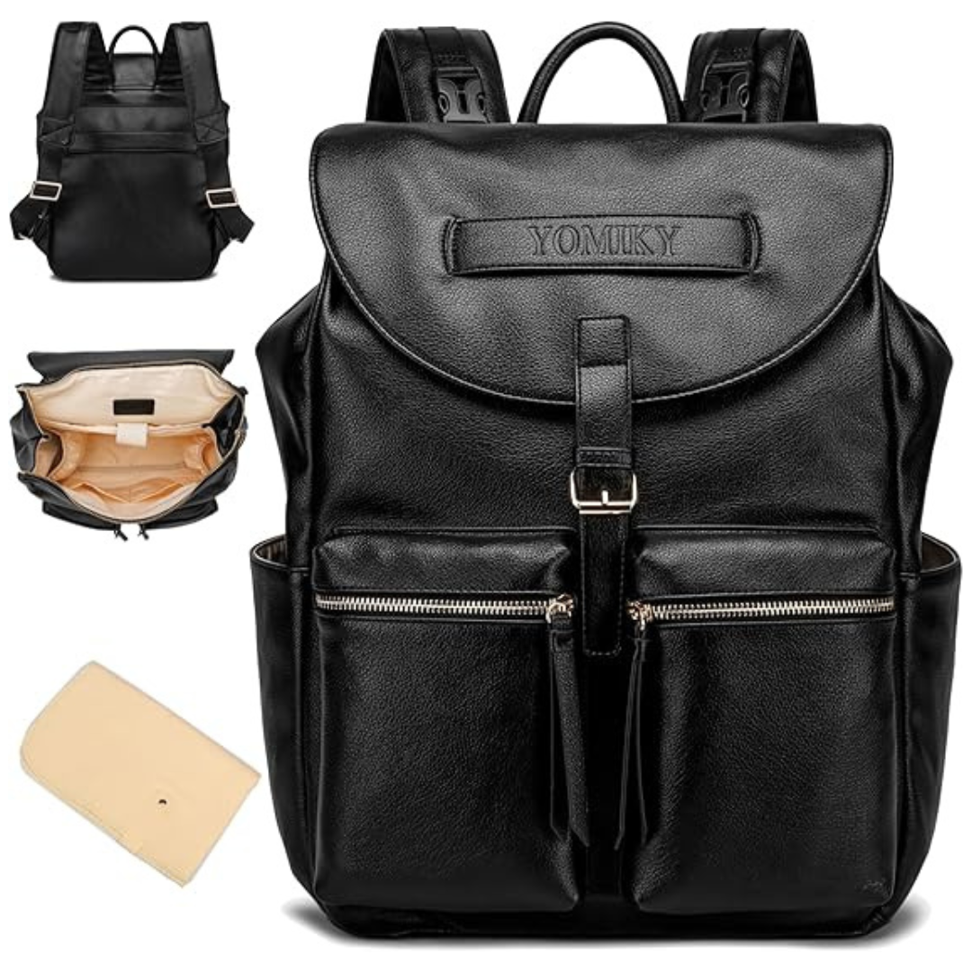 Leather Diaper Backpack with Wet Dry Bag and Changing Pad