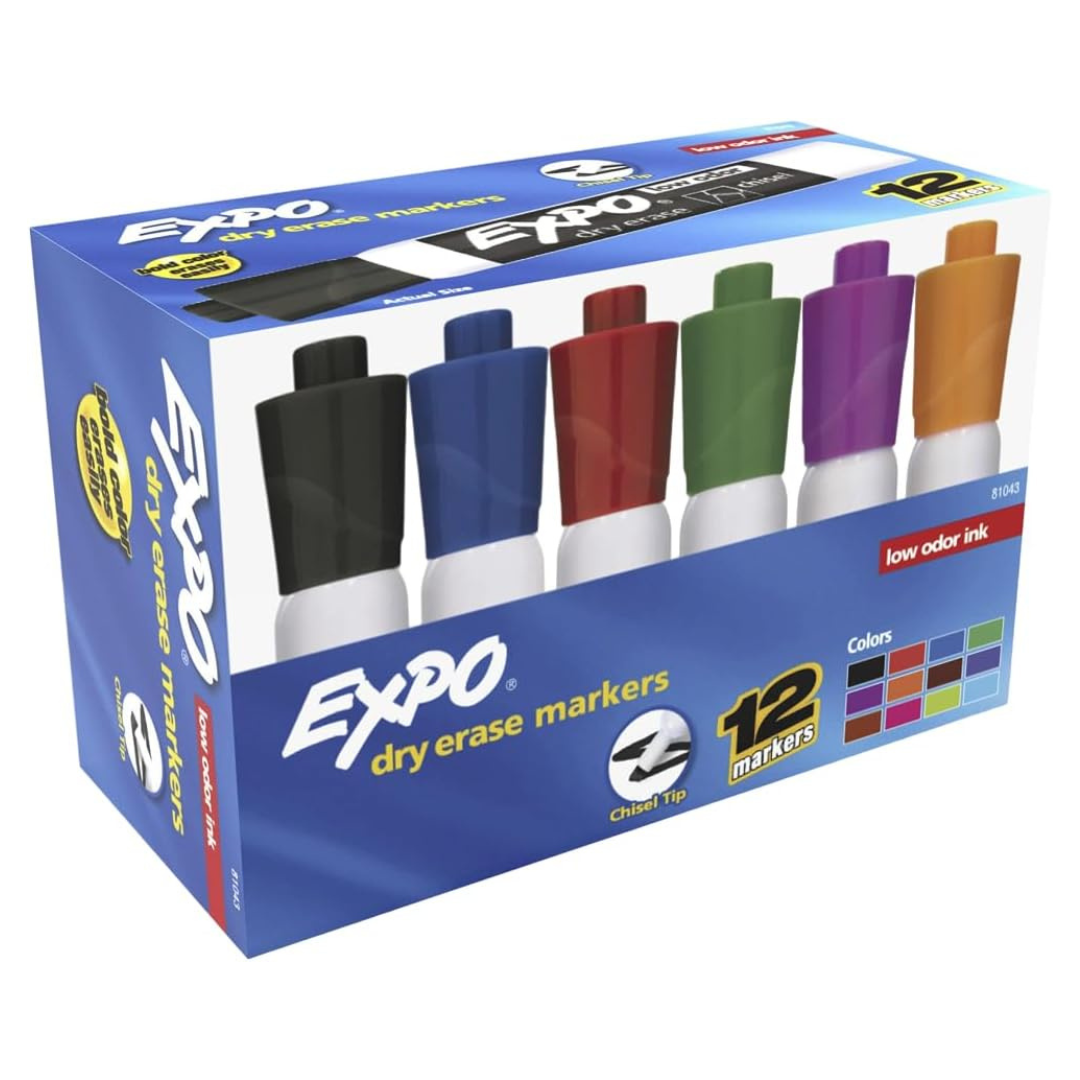 EXPO Low Odor Dry Erase Markers, Chisel Tip, Assorted Colors, 12 Count