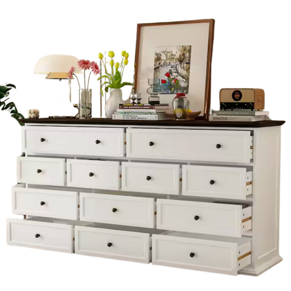 12-Drawer White Wood Dresser Storage Cabinet Vintage Style