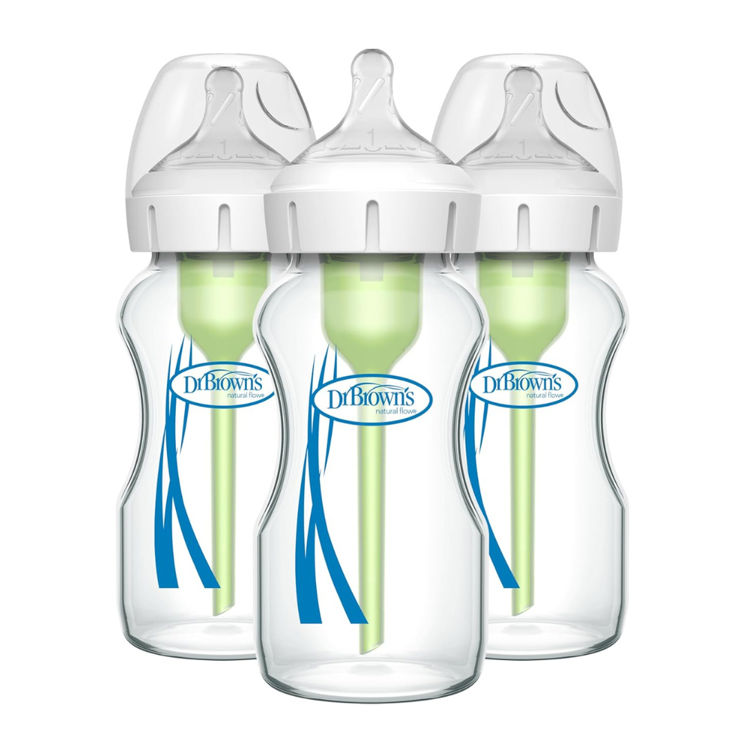 Dr. Brown’s Natural Flow Anti-Colic Options+ Wide-Neck Glass Baby Bottles, With Level 1 Slow Flow Nipple (3 Pack)