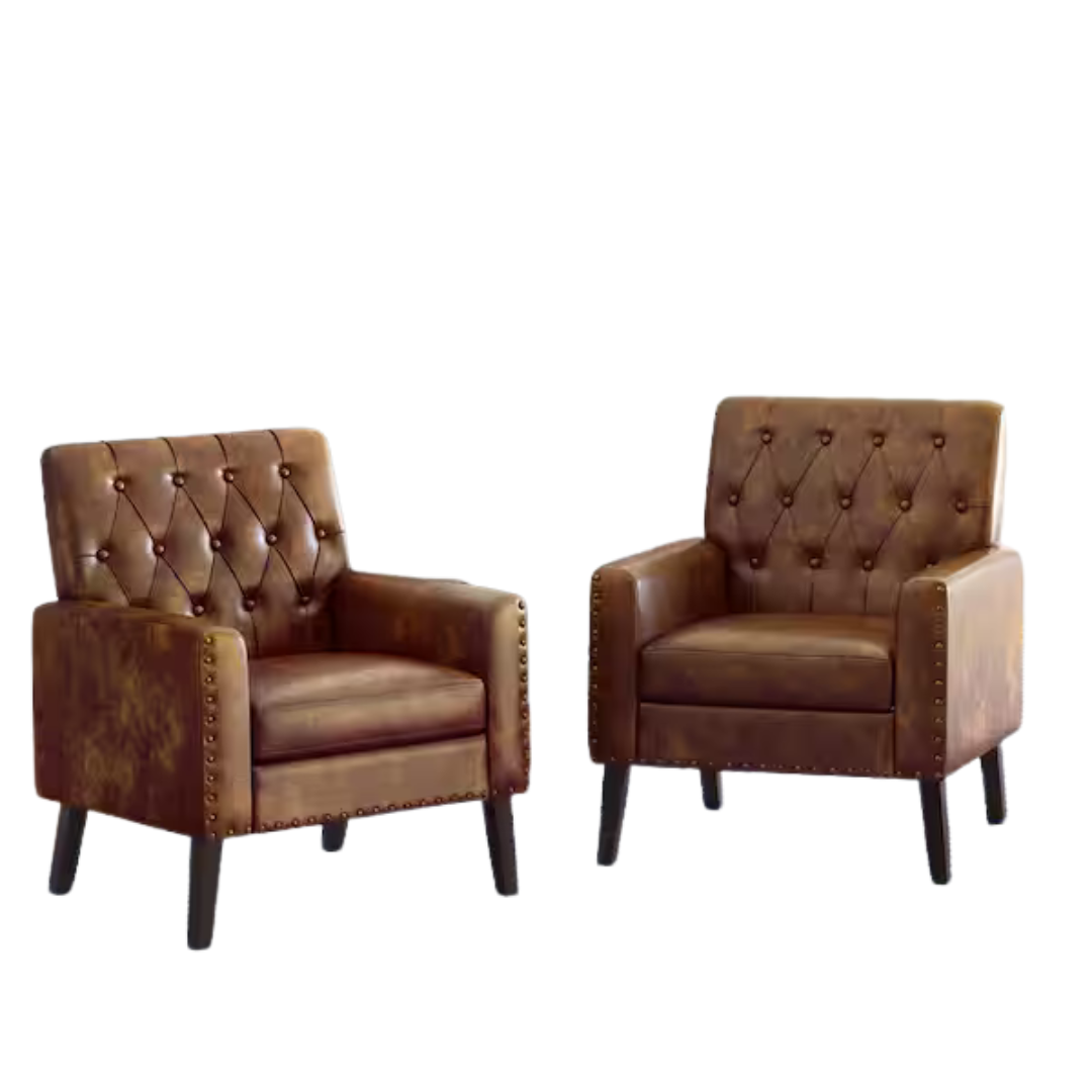 Brown And Walnut Faux Leather Mid Century Modern Button Tufted Accent Chairs With Wood Legs (Set Of 2)