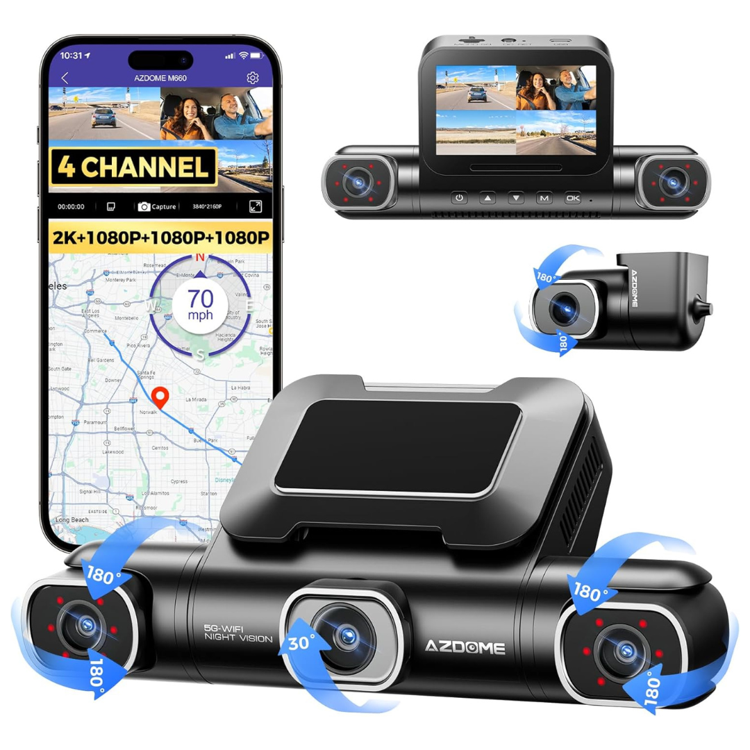 360º 4-Channel 2K & 3-1080P 5G WiFi Dash Cam W/ 4 Adjustable Lenses