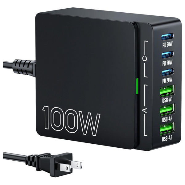 100W 6 Port GaN PD 3.0 Type C/USB A Wall Charger Adapter