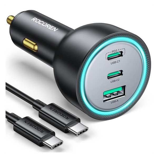 Rocoren 165W 3-Port USB Car Charger With 3.3ft 240W USB-C Cable