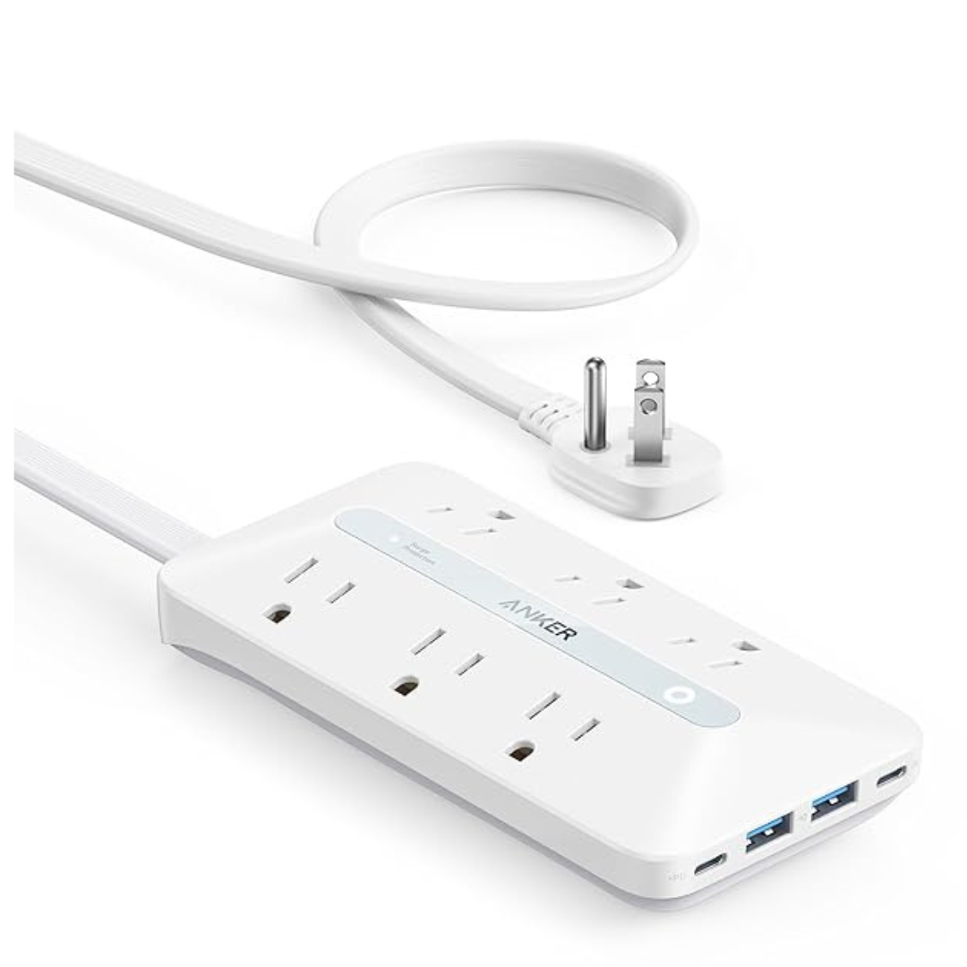 Anker 10-In-1 Flat Plug 5ft Power Strip W/ 6 AC Outlets & 20W 4-USB Ports