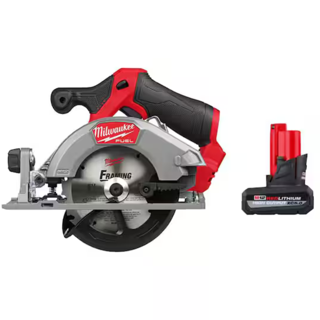 Milwaukee M12 FUEL 12V Lithium-Ion Brushless 5-3/8" Cordless Circular Saw + M12 12V XC High Output 5.0 Ah Battery Pack