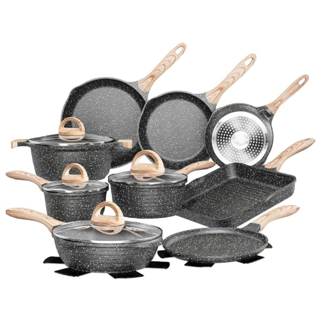 23-Piece PFOA Free Nonstick Cookware Gray Granite Stone Pots And Pans Set