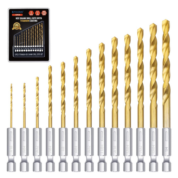 13-Piece Ticonn Titanium Coated Drill Bit Set With Hex Shank