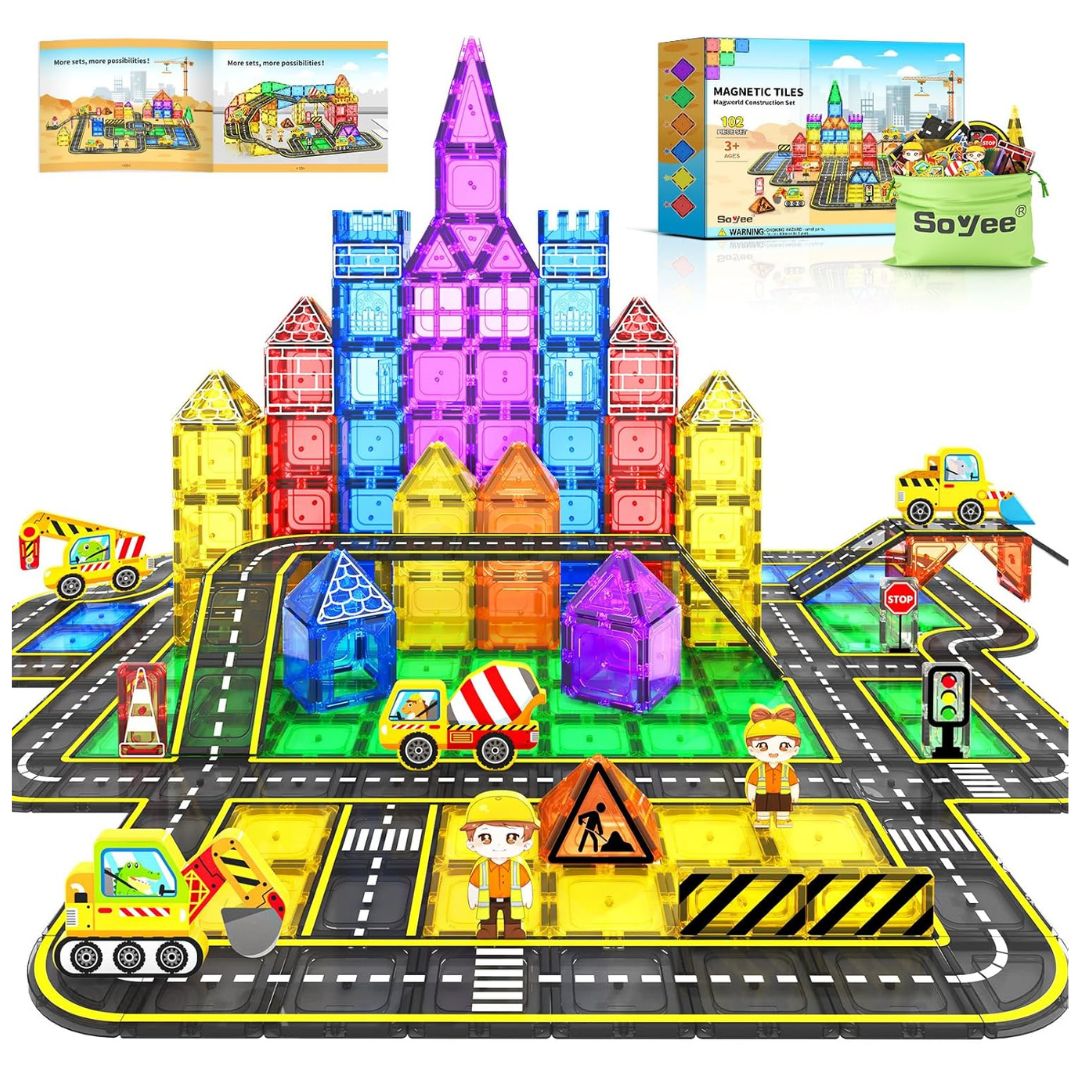 Soyee 102 Pcs Magnetic Tiles, Includes Roads & Vehicles