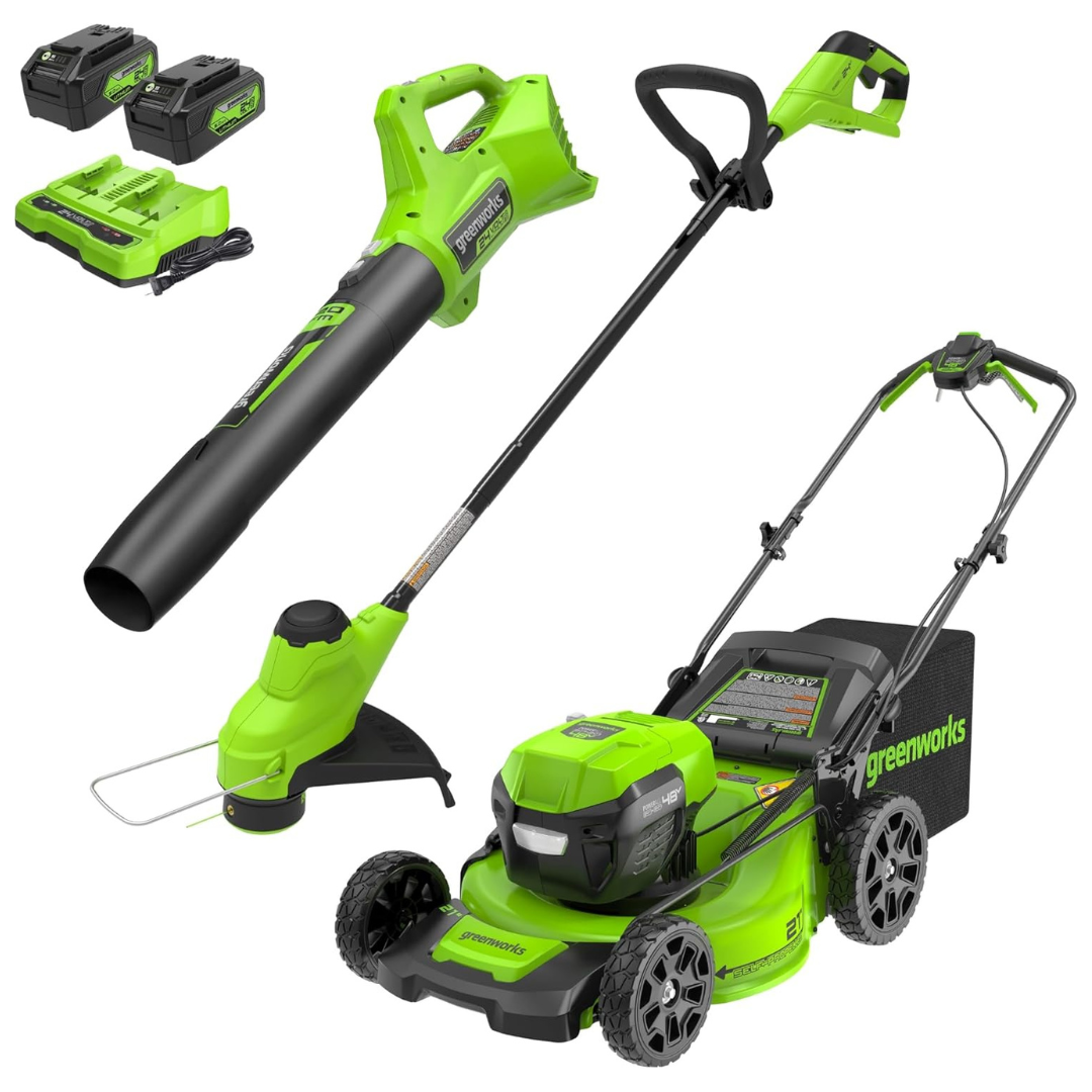 Greenworks 48V 21" Brushless Mower, 12" Trimmer & 320CFM Blower