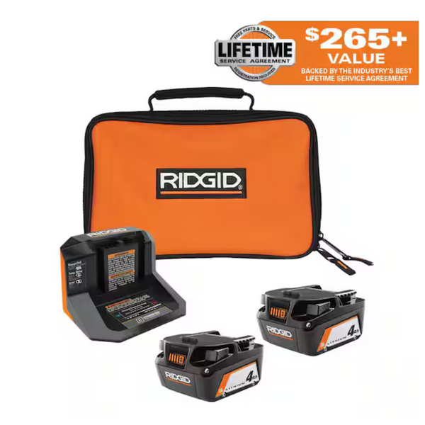 Ridgid 18-Volt (2) 4.0 Ah Battery Starter Kit With Charger & Bag