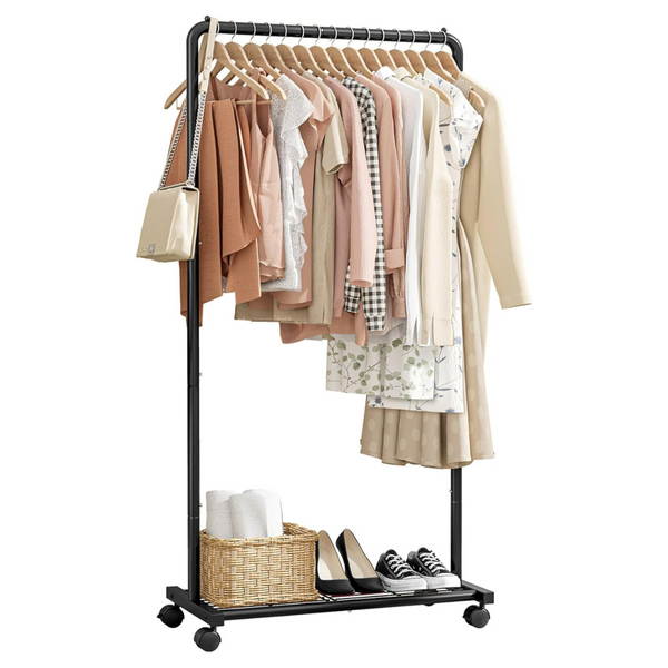 Heavy-Duty Metal Clothing Rack With Storage Mesh Shelf & Casters