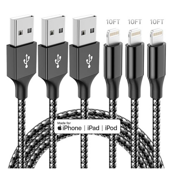 3-Pack 10 Ft Apple MFi Certified Nylon Braided Lightning Cable