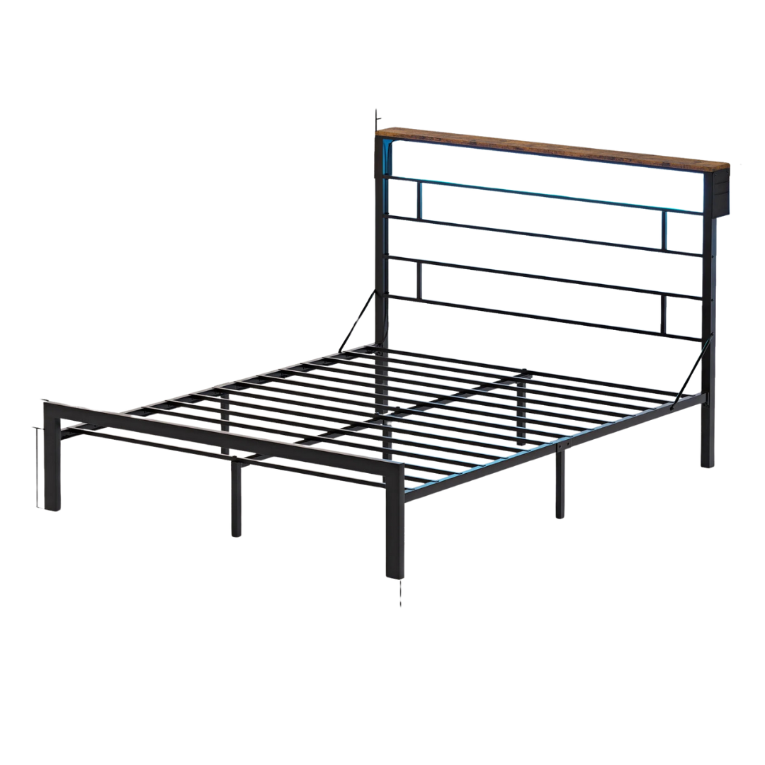 Bestier Metal Bed Frame With LED Storage Headboard Shelf (Queen)