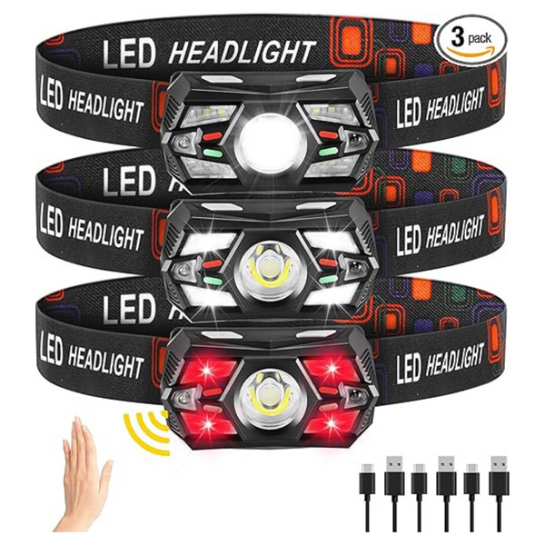 3-Pack Super Bright Rechargeable LED Headlight With Motion Sensor