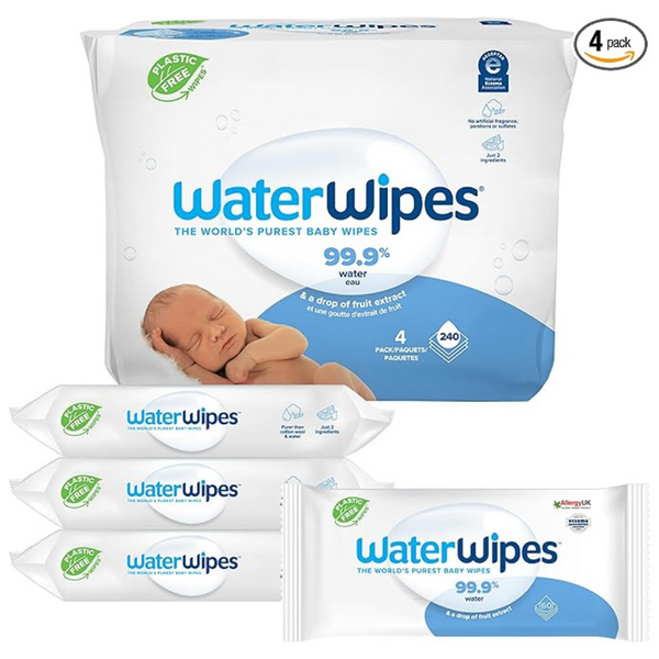 240-Count (4pk x 60ct) WaterWipes Plastic-Free Baby Wipes