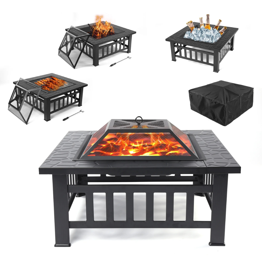 Uhomepro 32" Wood Burning Fire Pit Tables With Screen Lid (Black)