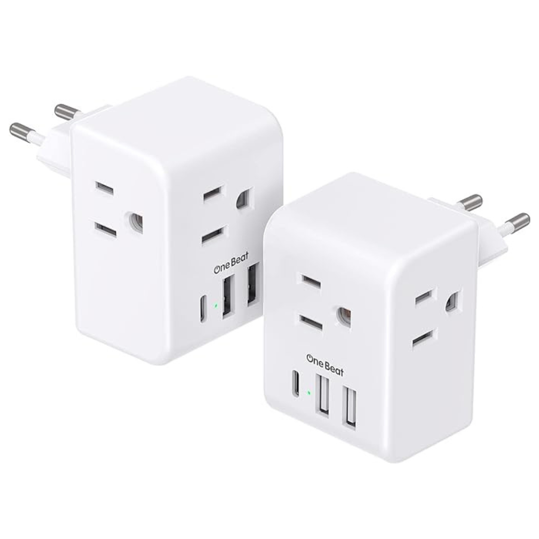 2-Pack One Beat European Plug Adapter With Type-C 3 USB Charging Ports