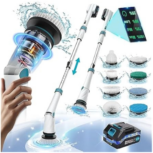 Zordin 1200RPM 21V 50'' Cordless Power Shower Scrubber W/ 8 Brushes