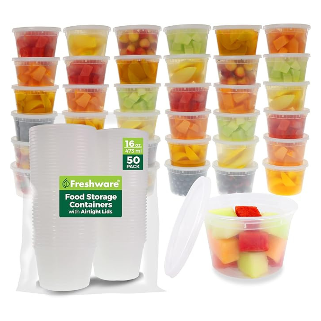 Set Of 50 Plastic Food Storage Containers With Lids, 16 Oz