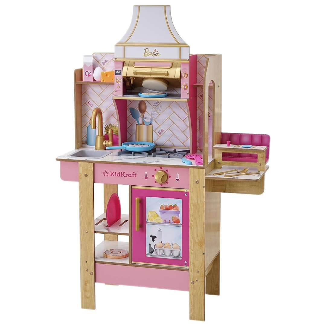 KidKraft Cook With Barbie Wooden Play Kitchen With Lights, Sounds, Water-Reveal Food And 30 Accessories