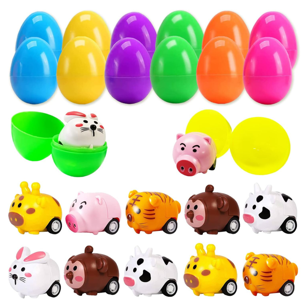 12 Pack Easter Eggs Filled With Animal Pull Back Toy Cars