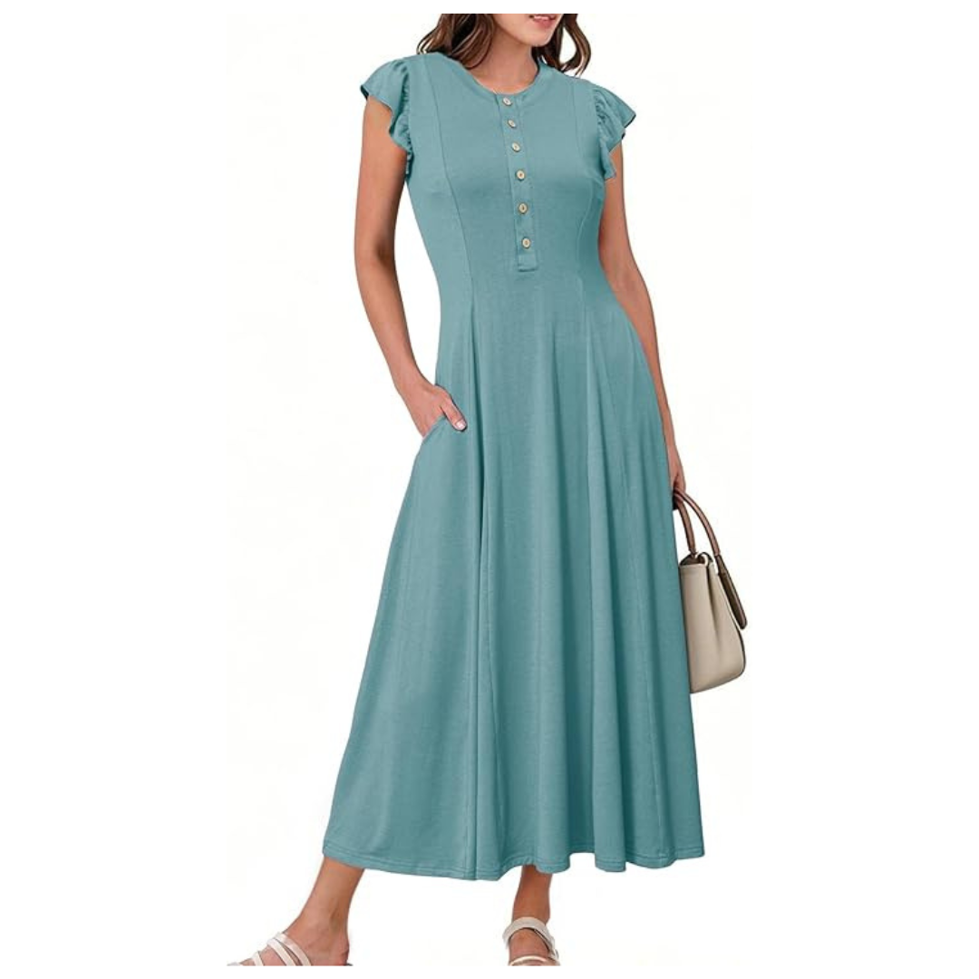 Women's Flutter Short Sleeve A Line Flowy Button Long Dress (Various)