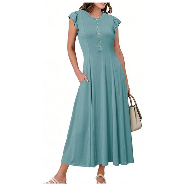 Women's Flutter Short Sleeve A Line Flowy Button Long Dress (Various)