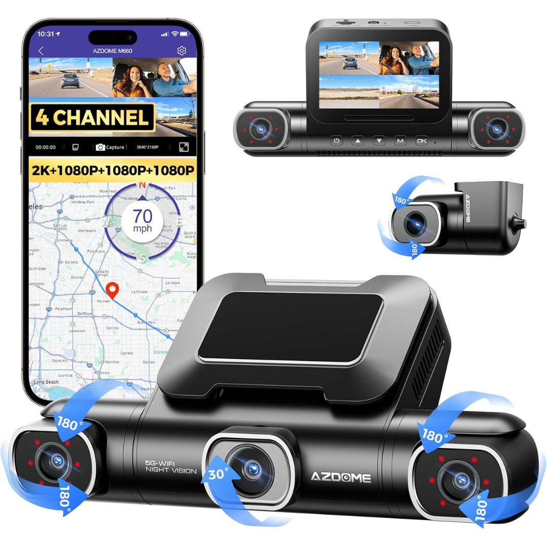 360 deg. 4-Channel 2K & 3-1080P 5G WiFi Dash Cam w/ 4 Adjustable Lenses