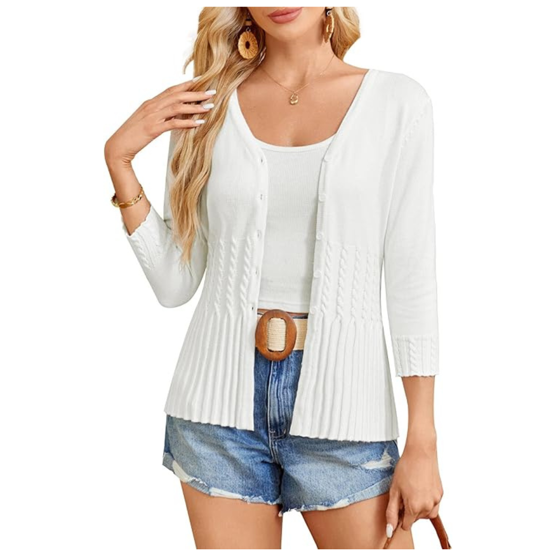 Women's 3/4 Sleeve Botton Down V-Neck Open Front Cardigans Sweater