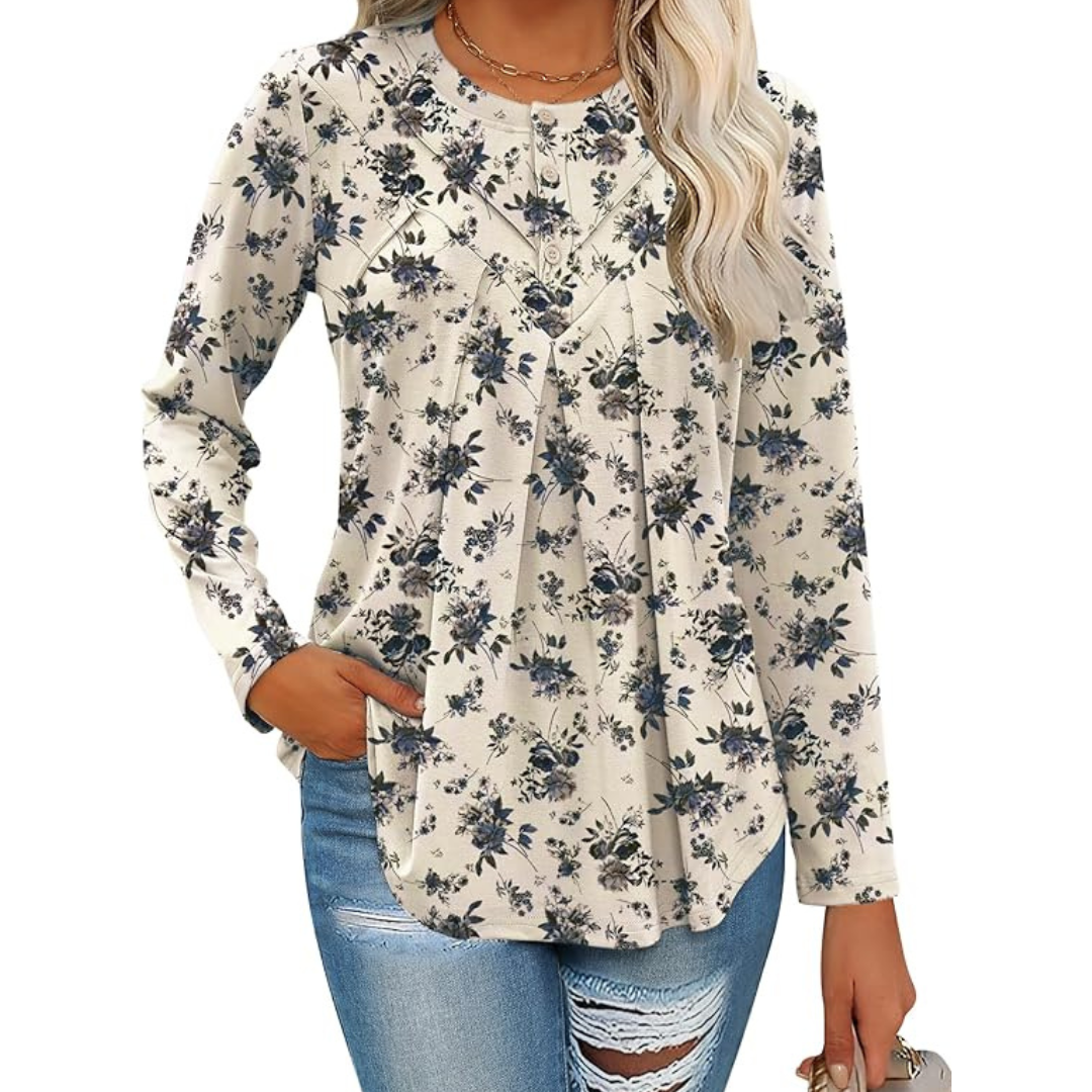 Women's Henley Pleated Floral Print Long Sleeve Tunic Tops