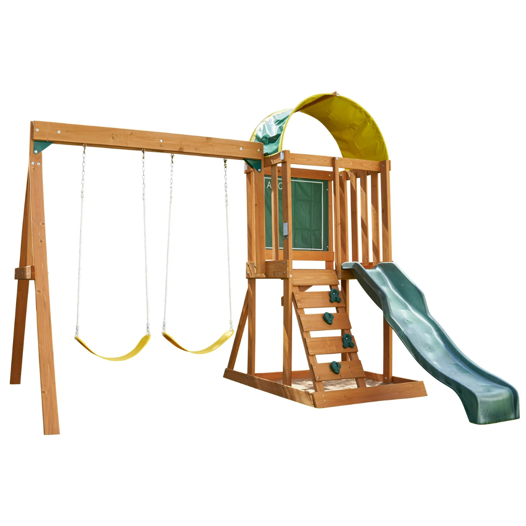 KidKraft Ainsley Wooden Outdoor Swing Set With Slide And Rock Wall