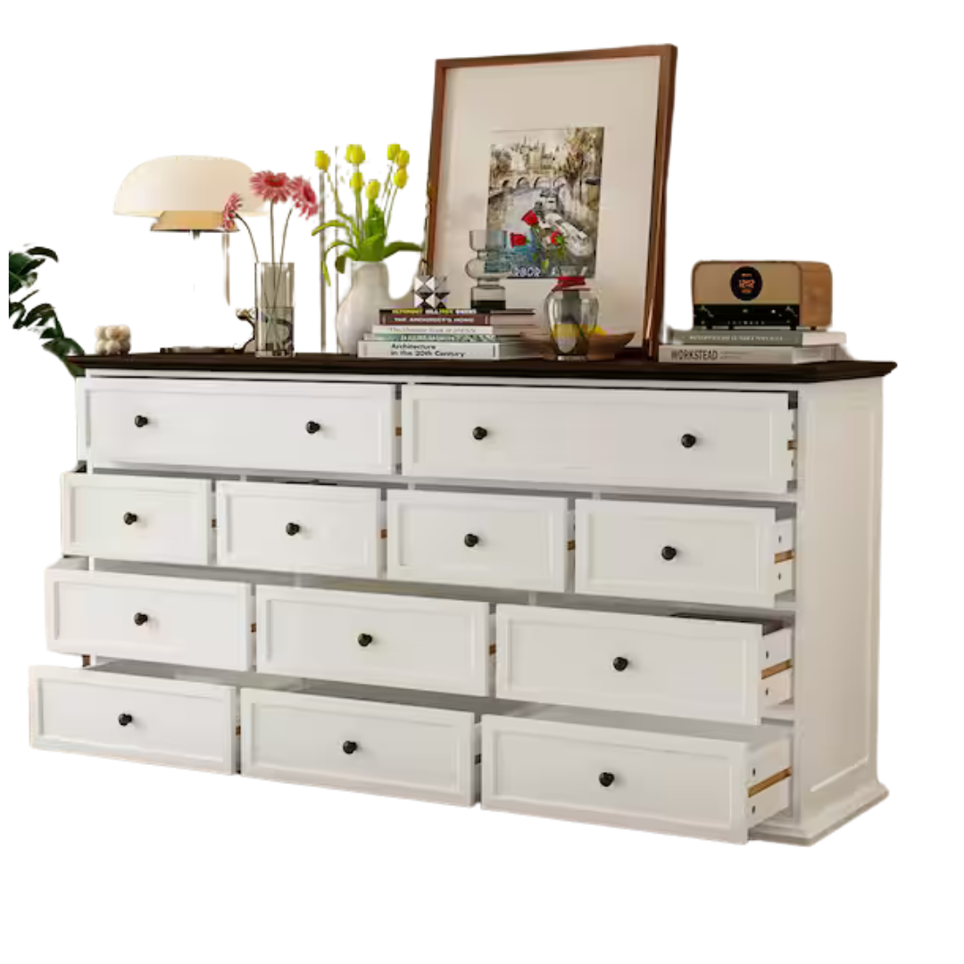 12-Drawer White Wood Dresser Storage Cabinet Vintage Style