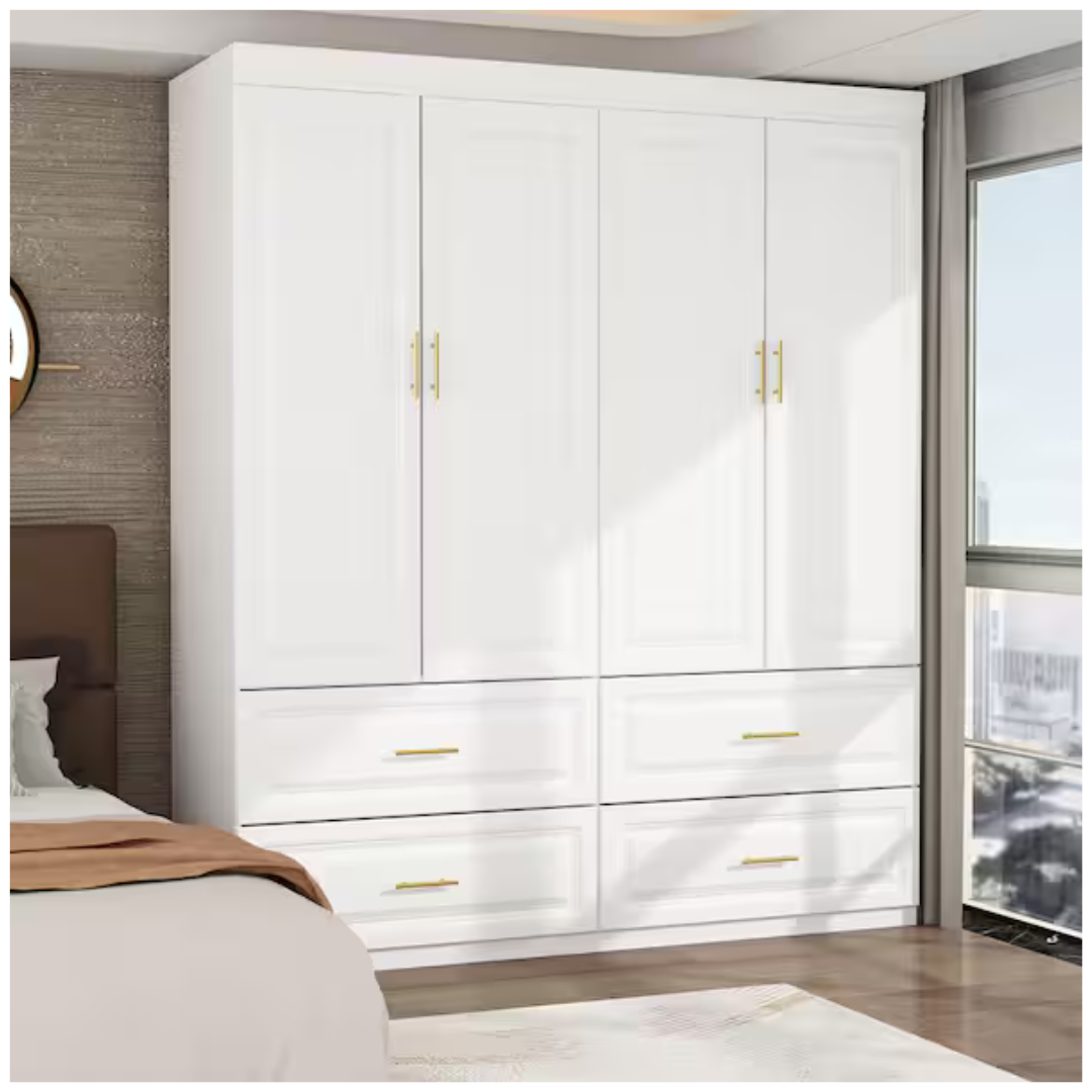 White Wood 63" W 4-Door Big Wardrobe Armoires