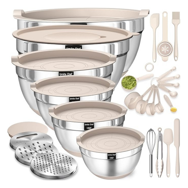 26-Piece Umite Chef Mixing Stainless Steel Khaki Bowls