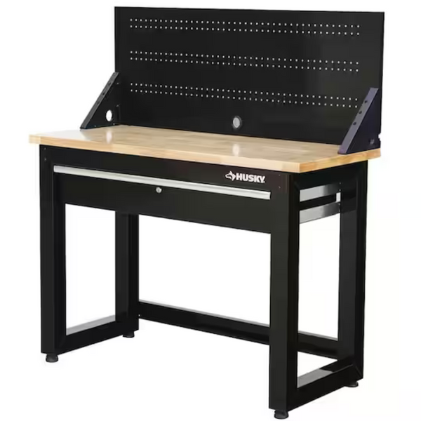 4ft Solid Wood Top Workbench In Black With Pegboard And 1 Drawer