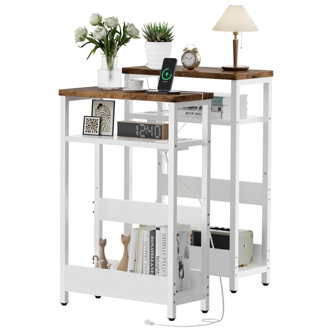 2-Set Narrow Side Table With Charging Station, 2 USB Ports And 2 Outlet