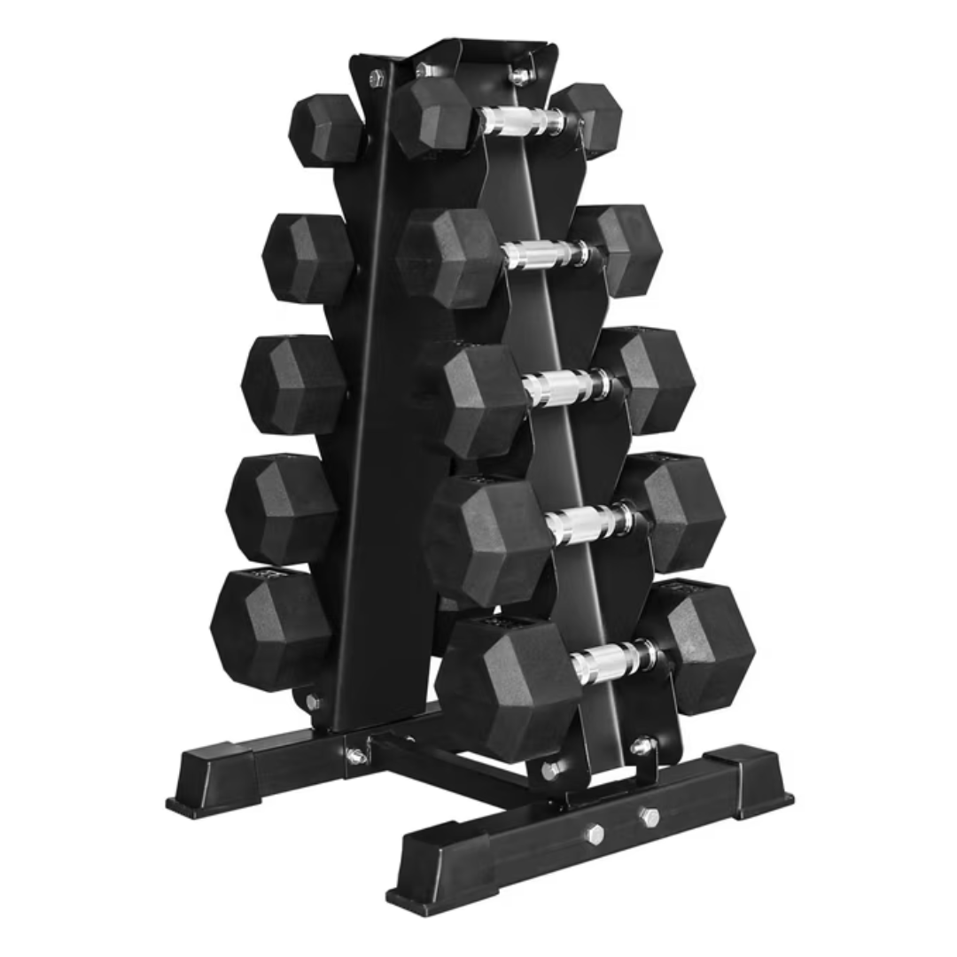 BalanceFrom 150LB Coated Hex Dumbbell Weight Set & A-Frame Storage Rack