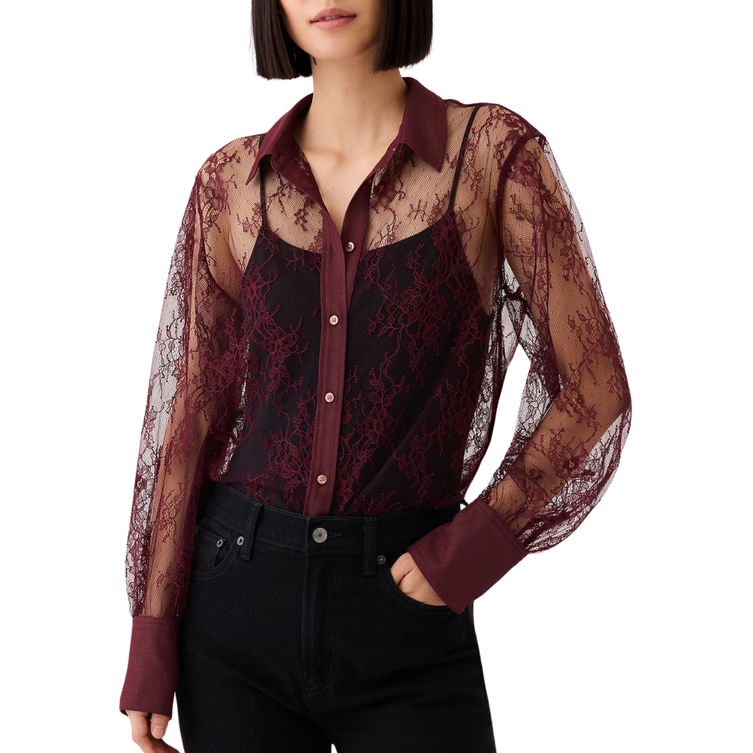 GAP Women's Sheer Lace Classic Shirt (Cream Beige)