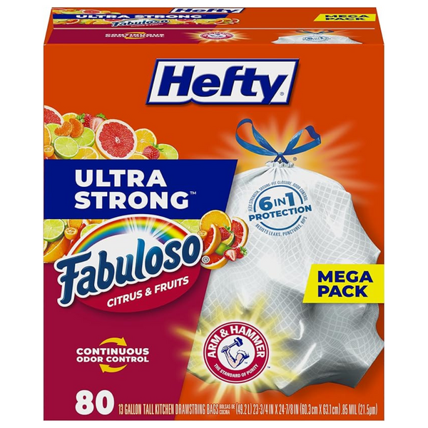 Hefty Ultra Strong 13 Gallon Trash Bags, White, Fabuloso Citrus & Fruits Scent (80 Bags)