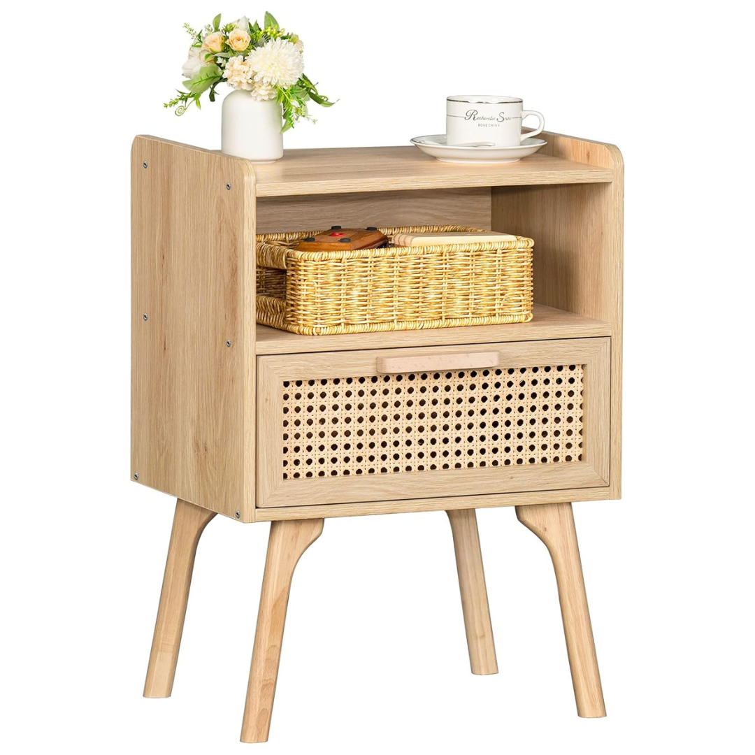 Lerliuo Rattan Boho Solid Wood Legs Nightstand With Drawer Shelf