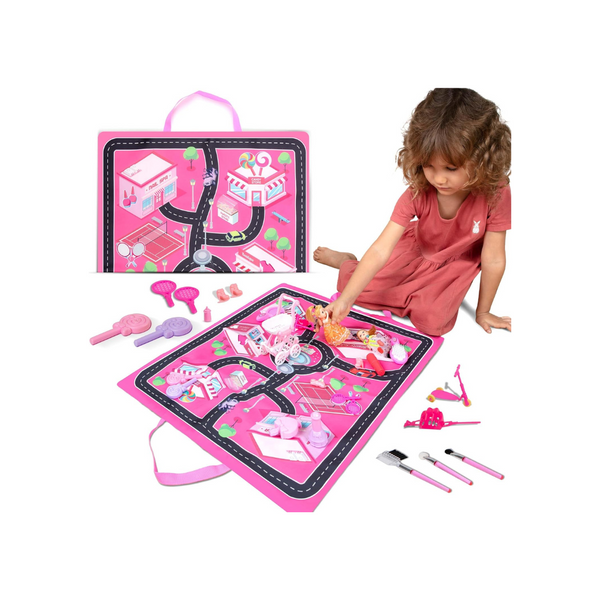 FabuKiddie Pink Toddler Play Mat Bundle with Toys, Dolls And Bag