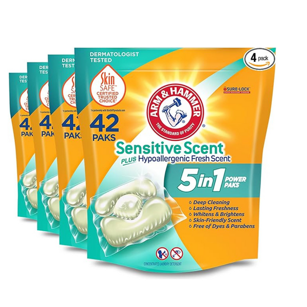 Detergente líquido para ropa 5 en 1 con aroma sensible Arm &amp; Hammer, 42 unidades (paquete de 4)