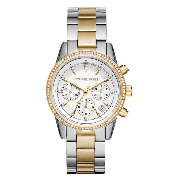 Michael Kors Reloj Ritz de acero inoxidable con anillo superior de cristal para mujer