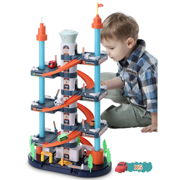 5 or 7 Floor Garage Playset Race Car Track Set With 5 Toy Cars