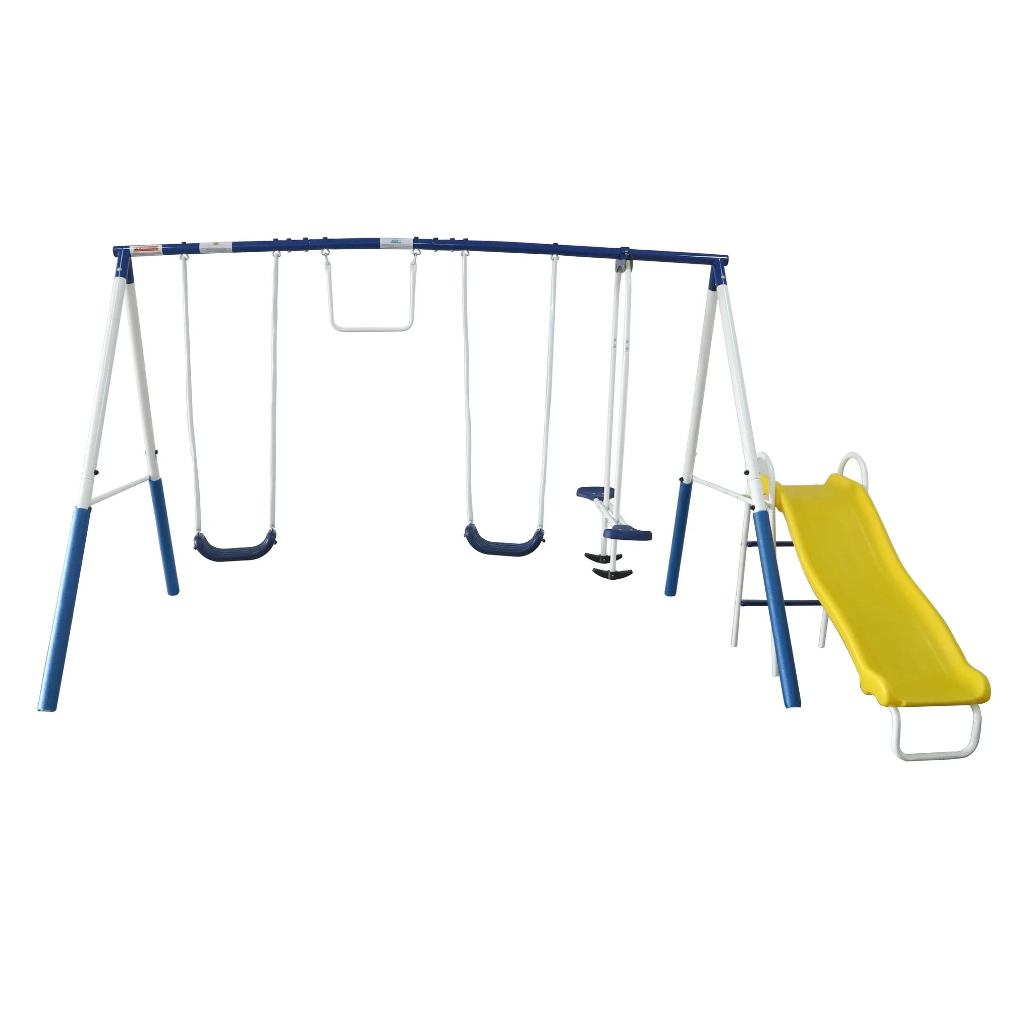 Metal Swing Set with Fun Glider, Bench Swing Seats, Trapeze, And Wave Slide